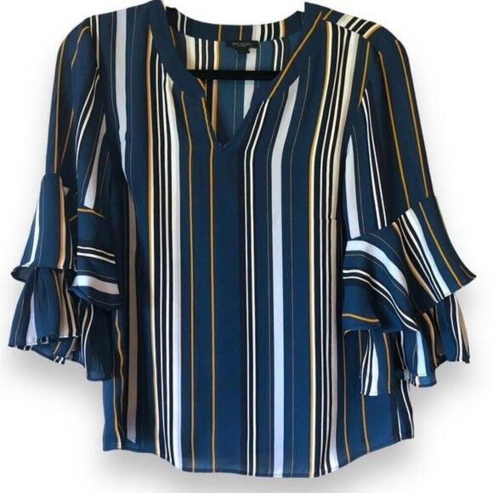 Stylish Ann Taylor Factory Striped Blouse - Flared Sleeves, XS